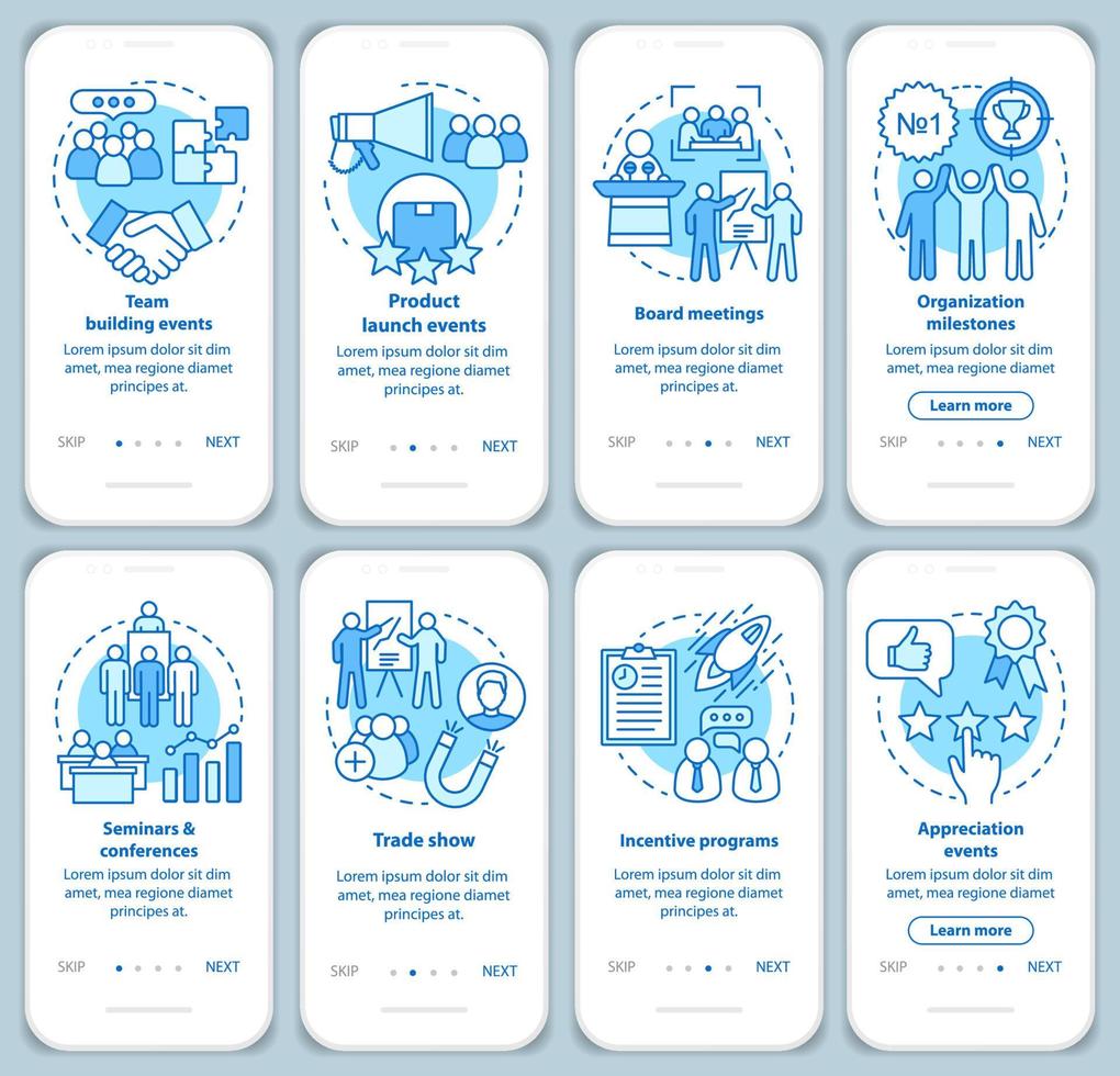 Corporate events management onboarding mobile app page screen with linear concepts. Company special events planner walkthrough steps graphic instructions. UX, UI, GUI vector template with illustration