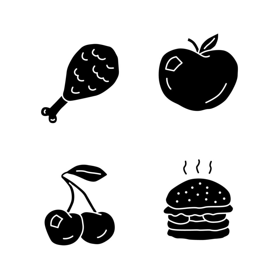 Healthy and harmful nutrition glyph icons set. Junk food and organic snacks silhouette symbols. Chicken leg, ripe apple, cherry and burger vector isolated illustration. Natural and unhealthy eating