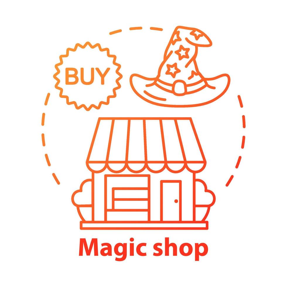 Magic shop concept icon. Witchcraft accessories sale idea thin line illustration. Esoteric souvenirs, supernatural items retail service. Wizard hat and store building vector isolated outline drawing