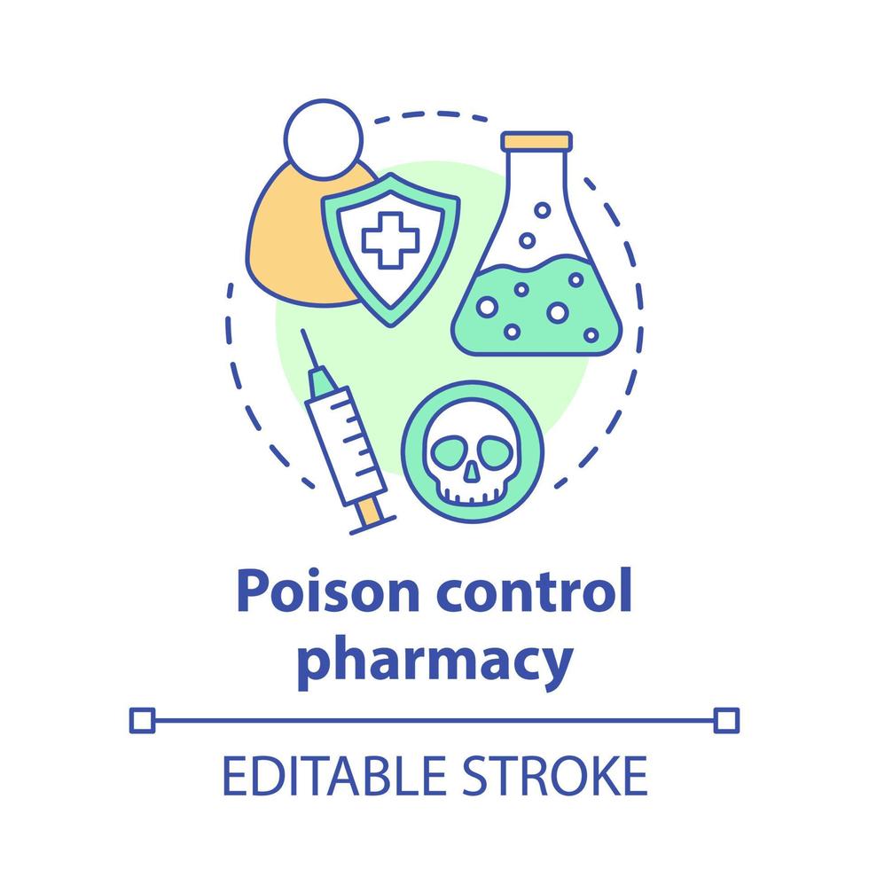 Pharmacy concept icon. Poisons control pharmacology branch idea thin line illustration. Poisonous element and antidote development. Vector isolated outline drawing. Editable stroke