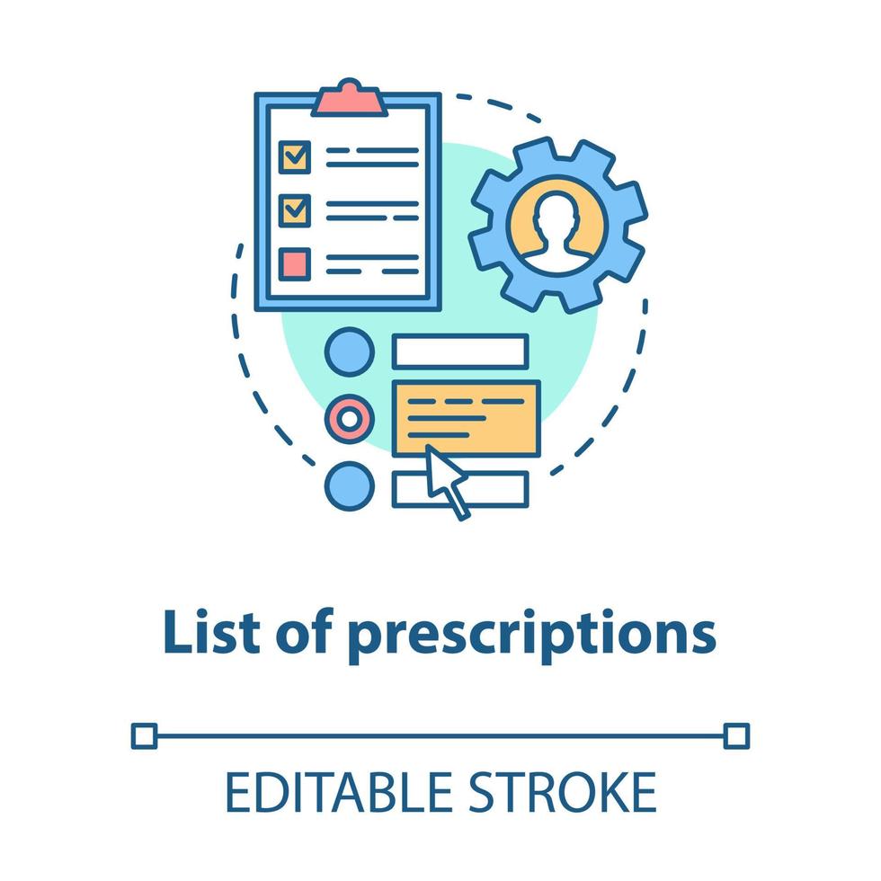 lista de icono de concepto de prescripciones. memo, notas idea ilustración de línea fina. herramienta organizadora de medicina en línea. Mantenga un registro del uso diario de medicamentos. dibujo de contorno aislado vectorial. trazo editable vector