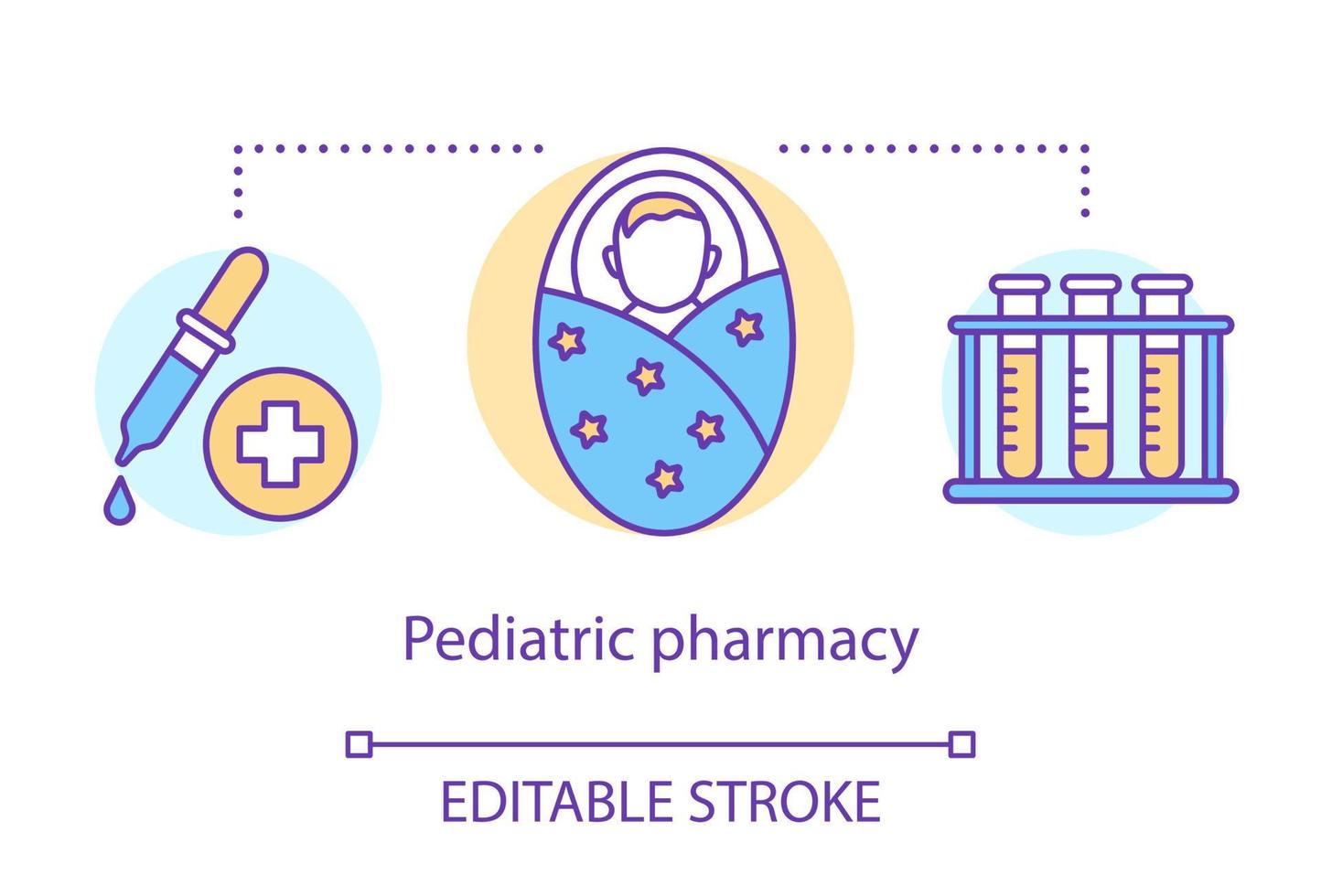 icono del concepto de farmacia pediátrica. ilustración de línea delgada de idea de tratamiento de medicamentos para niños. medicina de vacunación y enfermedad para bebés. prescripción de edad joven. trazo editable de dibujo aislado vectorial vector