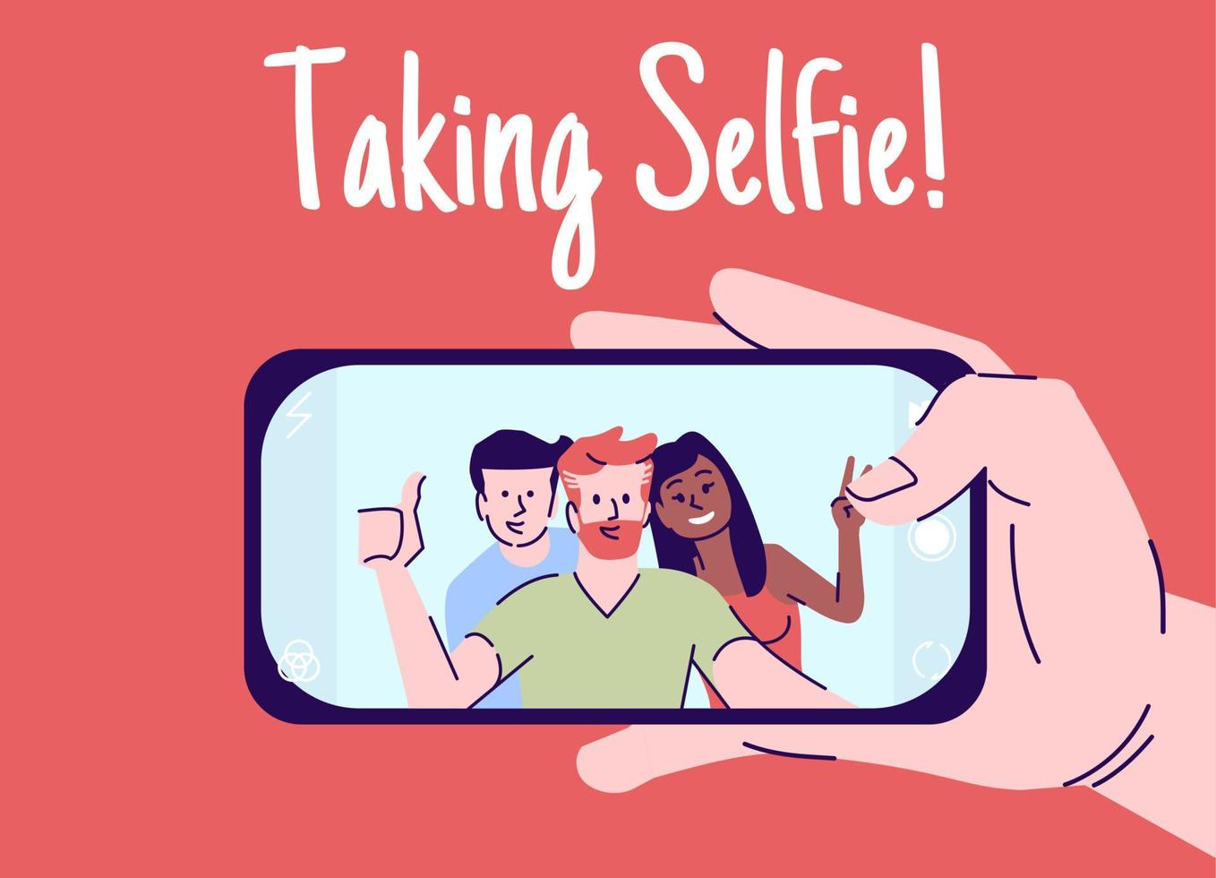 Taking selfie flat vector illustration. Hand with smartphone making self photo. Friends meeting picture. Happy people portrait on phone cartoon character with outline elements on red background
