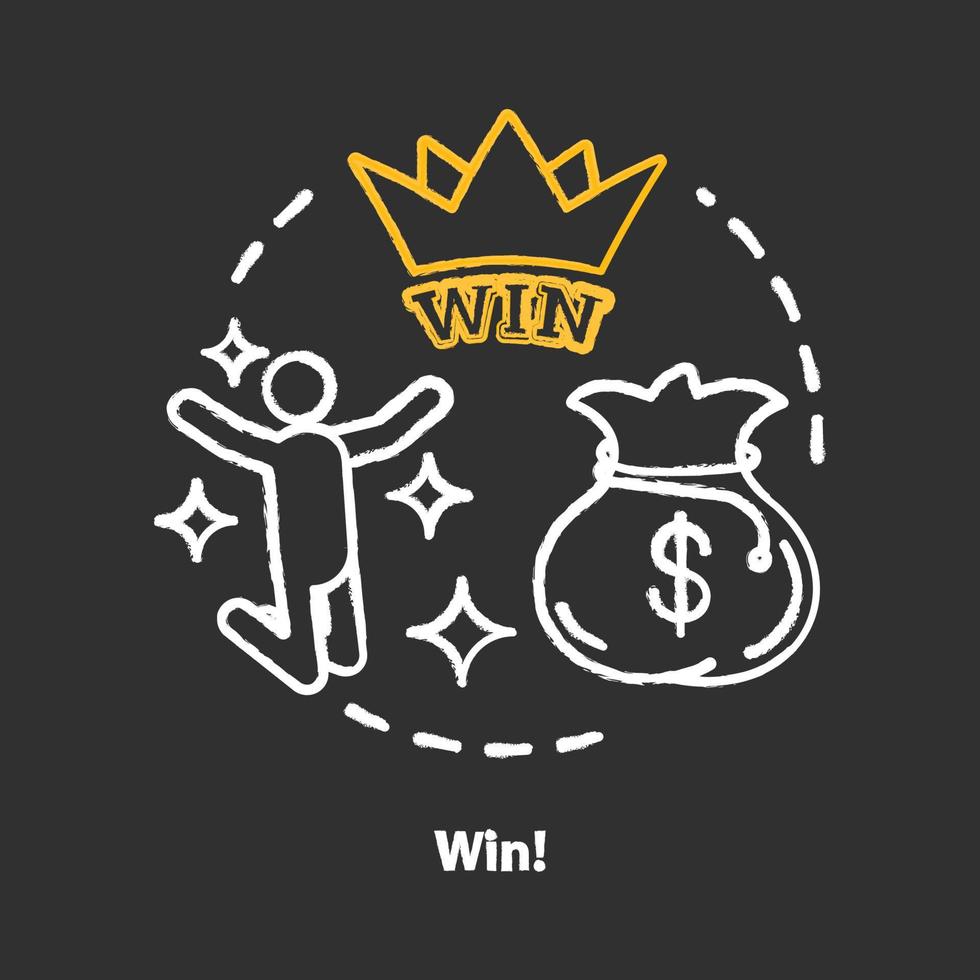 ganar icono de concepto de tiza. bote, idea de éxito. lotería, victoria del casino. ganador, campeón. saco de dinero premio. buena suerte fortuna. ilustración de pizarra aislada vectorial vector