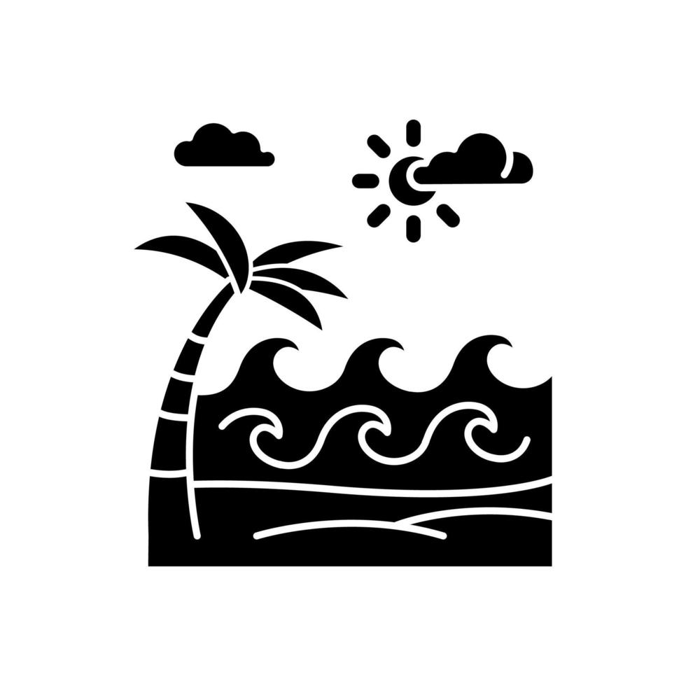 Waves on sandy beach glyph icon. Seaside with palm. Trip to Indonesian islands. Sea coast in Bali. Weather for surfing. Summer holiday. Silhouette symbol. Negative space. Vector isolated illustration