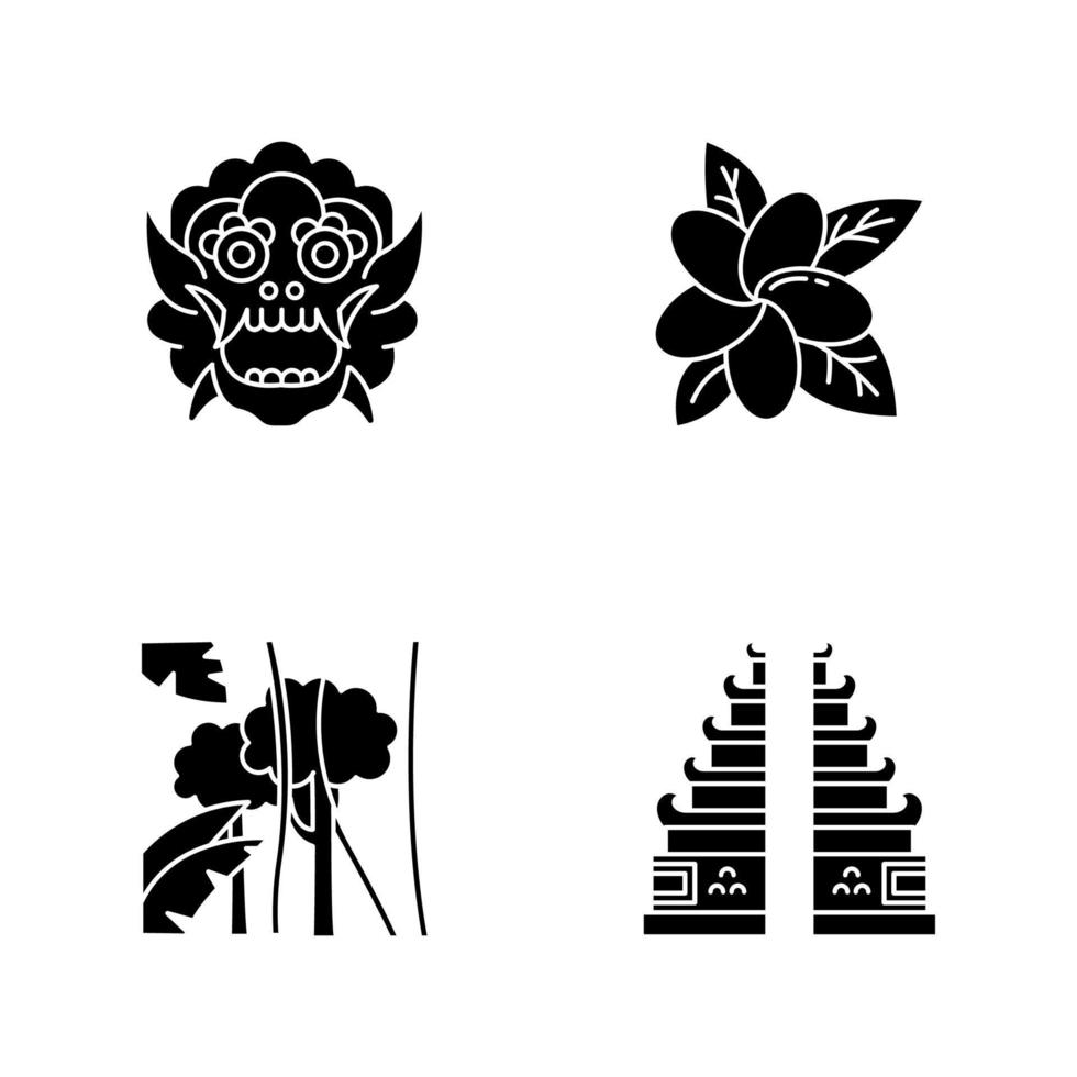 Indonesia glyph icons set. Tropical country plants. Vacation in Indonesian islands. Exotic culture. Unique flora. Bali sightseeing and architecture. Silhouette symbols. Vector isolated illustration