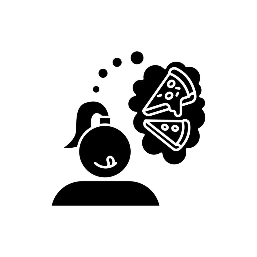Pizza craving glyph icon. Woman thinking of fast food. Unhealthy treat. Appetite for italian cuisine. Girl want snack. Silhouette symbol. Negative space. Vector isolated illustration
