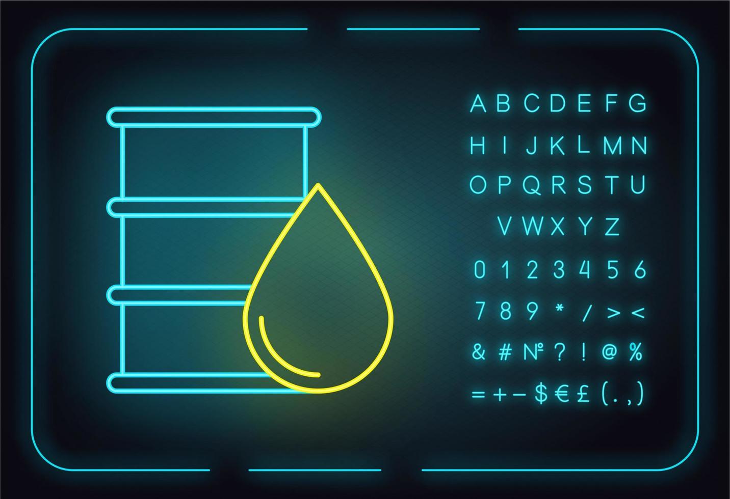 Metal barrel of oil neon light icon. Organic chemistry. Petrol steel container. Fuel industry. Production and distribution of oil. Glowing sign with alphabet. Vector isolated illustration