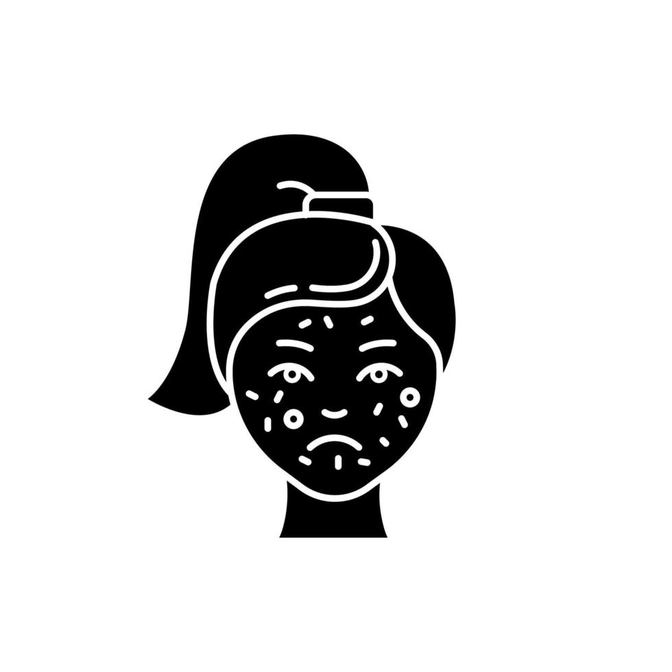Acne glyph icon. Pimples on female face. Skincare for irritation. Puberty and teenager health problem. Cosmetology and dermatology. Silhouette symbol. Negative space. Vector isolated illustration
