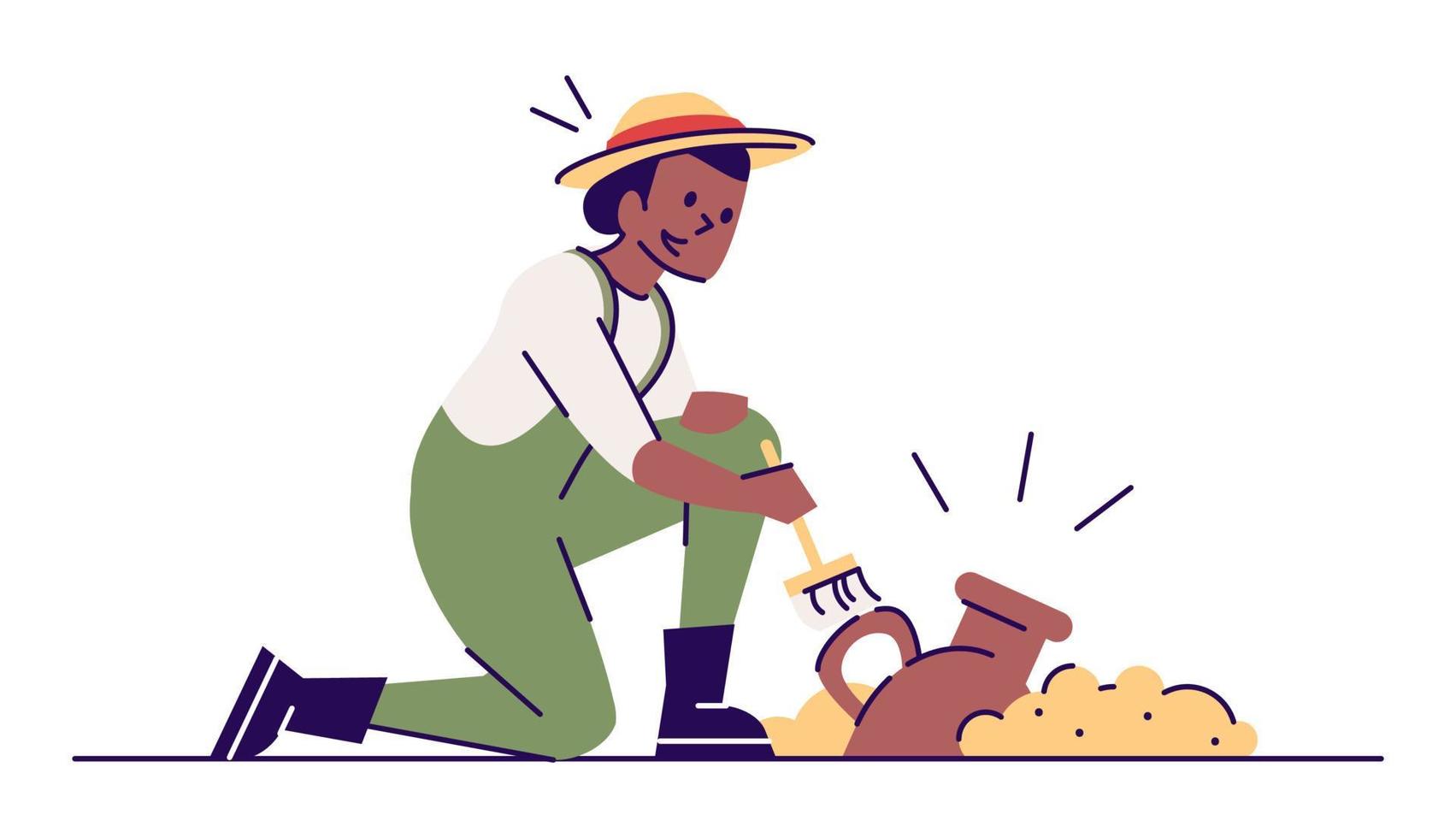 Archeologist with old jug flat vector illustration. Archeological excavations. Treasure hunter. Woman cleaning antique amfora with brush cartoon character with outline on white background