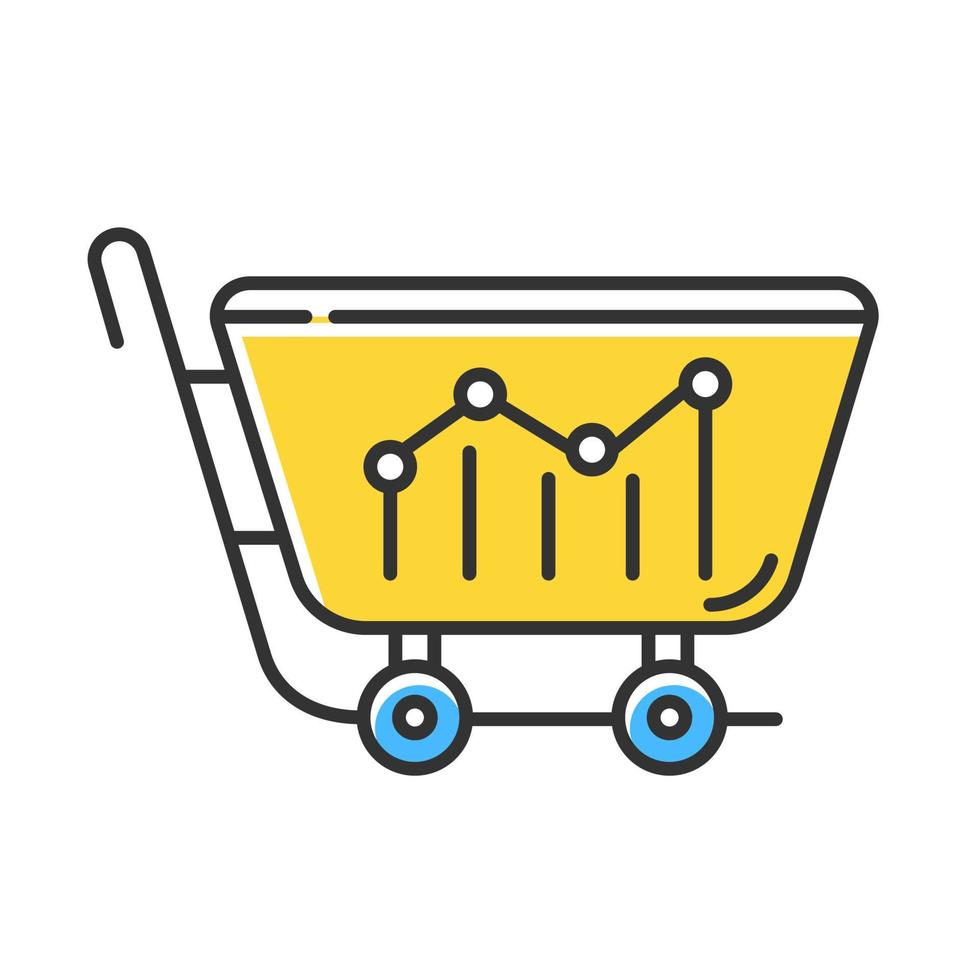 Sell analytics yellow color icon. Marketing research. Buying activity. Business analysis. Sales and conversions rates statistics data. Price fluctuations.Trade graph. Isolated vector illustration