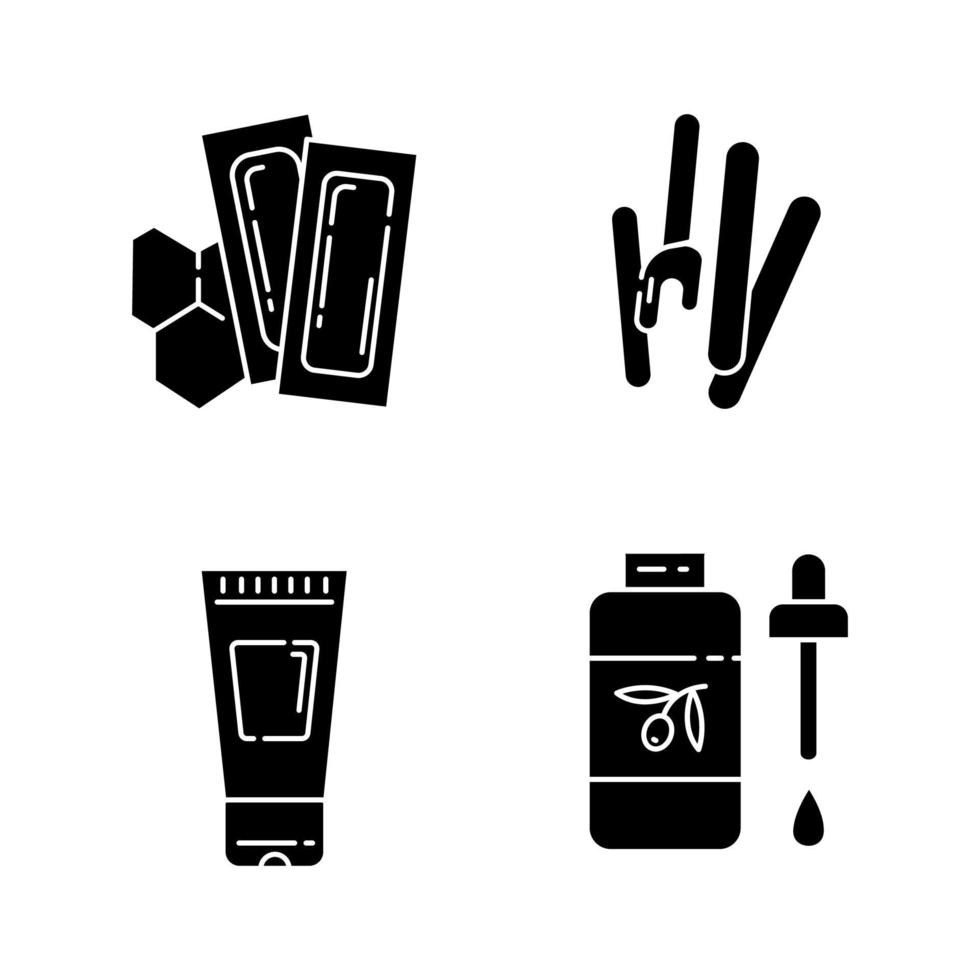 Waxing tools glyph icons set. Hot, soft wax strips with spatula. Hair removal equipment. Body lotion, oil for depilation. Beauty treatment cosmetics. Silhouette symbols. Vector isolated illustration