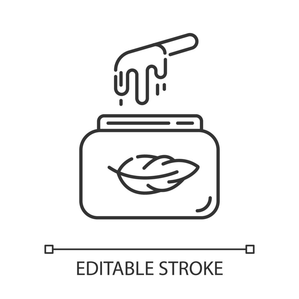 Soft waxing linear icon. Natural cold wax in jar with spatula. Body hair removal, depilation equipment. Thin line illustration. Contour symbol. Vector isolated outline drawing. Editable stroke