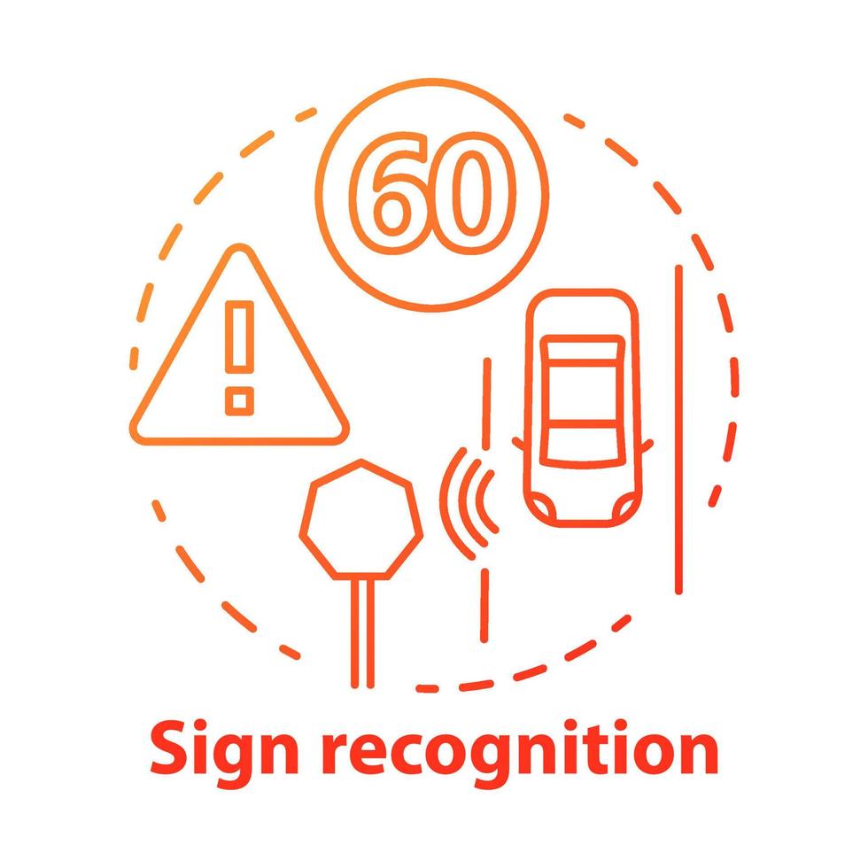 Sign recognition concept icon. Traffic signs detection. Smart car on road. Sensor technologies for safe driving idea thin line illustration. Vector isolated outline drawing. Editable stroke