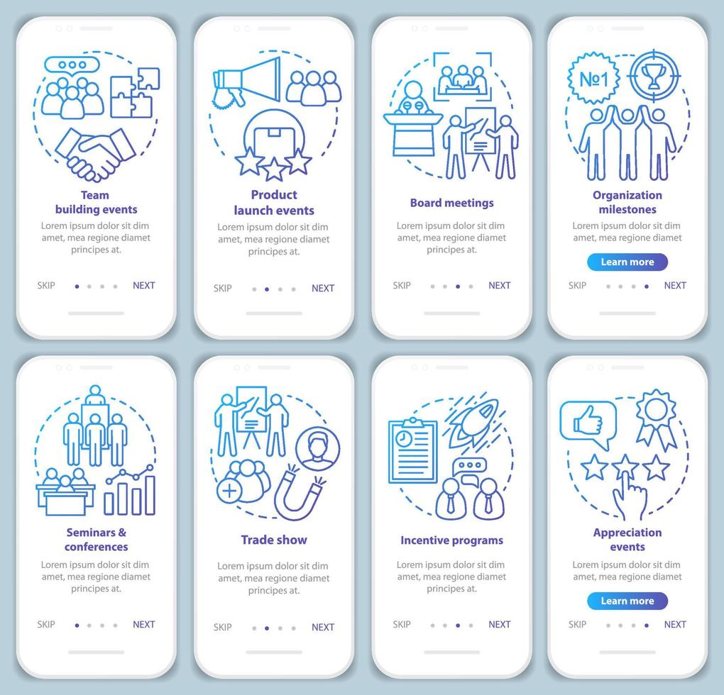 Corporate events management onboarding mobile app page screen with linear concepts. Company special events planner walkthrough steps graphic instructions. UX, UI, GUI vector template with illustration