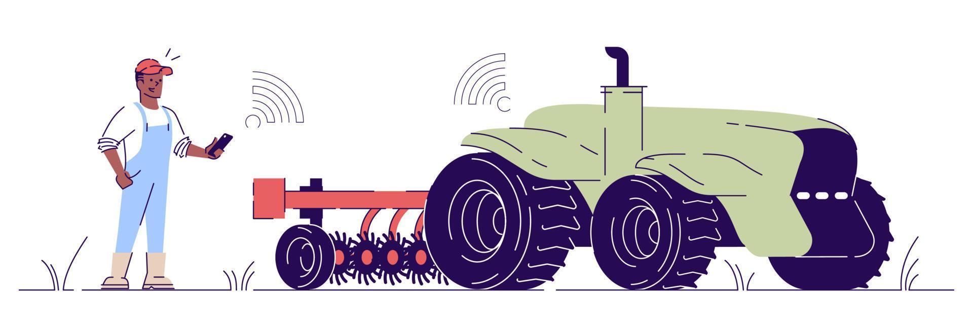 Driverless tractor with attachment flat illustration. Autonomous agricultural machinery outline concept. Farmer control self driving cultivator with smartphone. Smart agriculture implement element vector