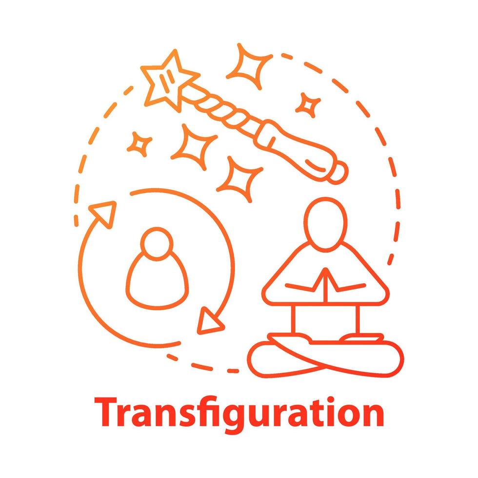 Transfiguration concept icon. Wizardry and witchcraft idea thin line illustration. Appearance alteration, transformation spell. Magic wand and meditating monk vector isolated outline drawing