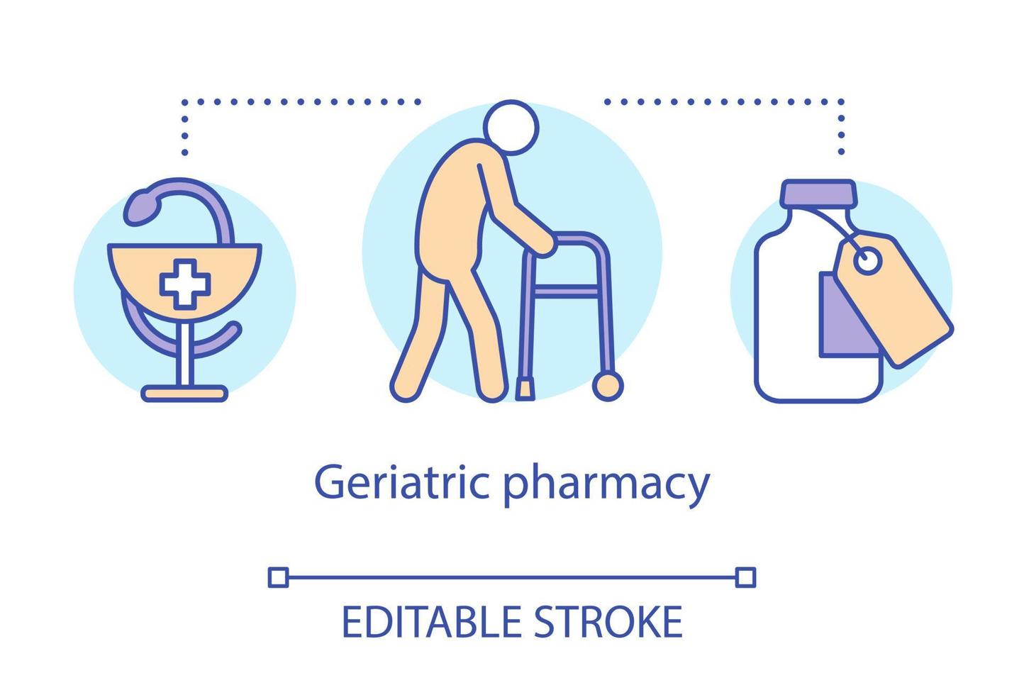 icono del concepto de farmacia. ilustración de línea delgada de idea de tratamiento de paciente geriátrico. terapia con medicamentos para enfermedades de la vejez. asistencia sanitaria para personas mayores. dibujo de contorno aislado vectorial. trazo editable vector