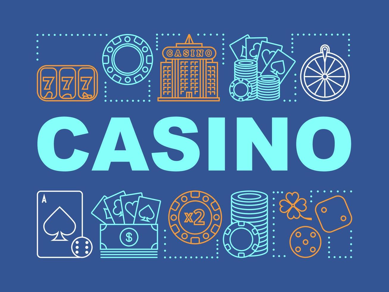 Casino word concepts banner. Gambling. Games of chance. Roulette, poker, slot machine. Presentation, website. Isolated lettering typography idea with linear icons. Vector outline illustration