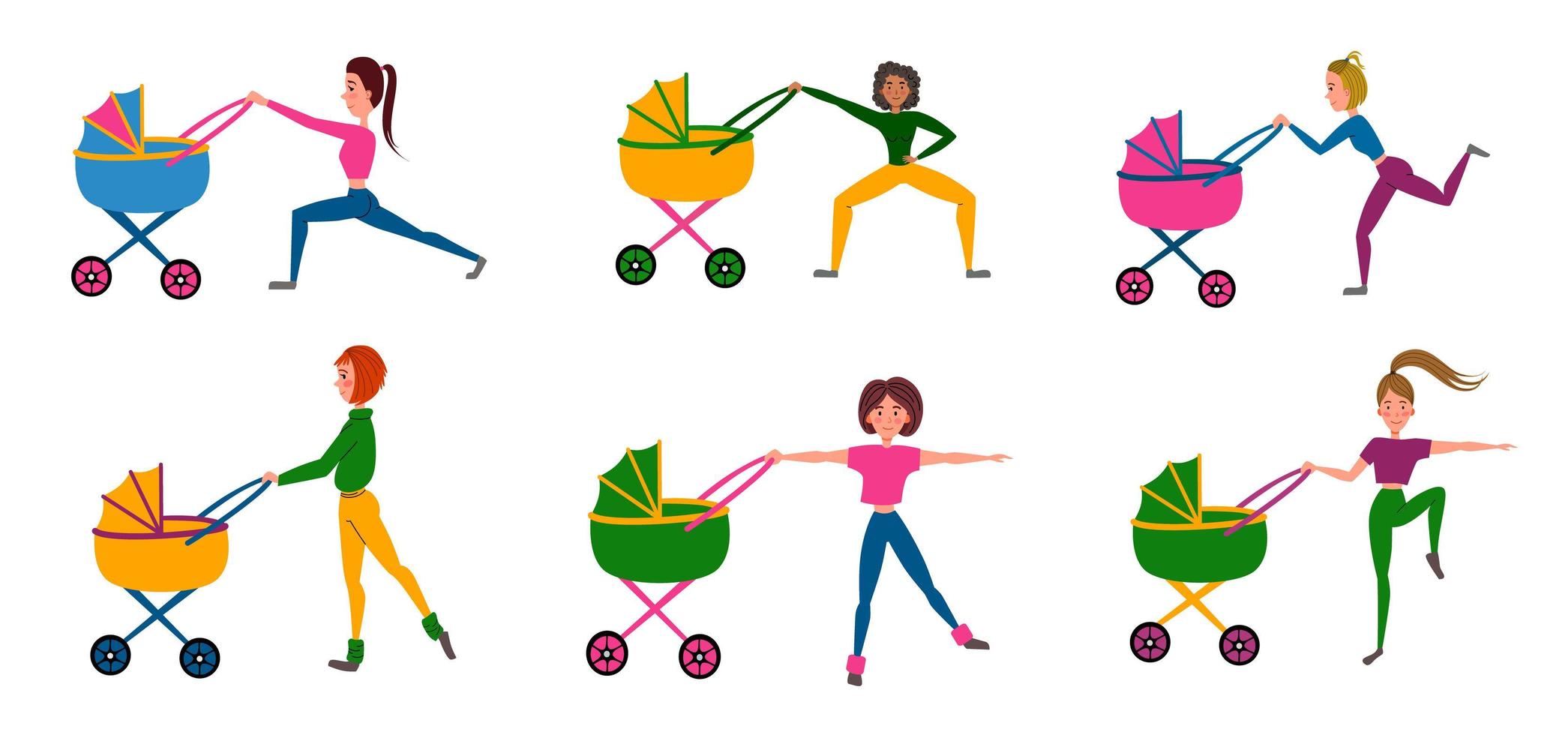 Set training with a baby stroller. A girl does sports exercises with her baby. vector