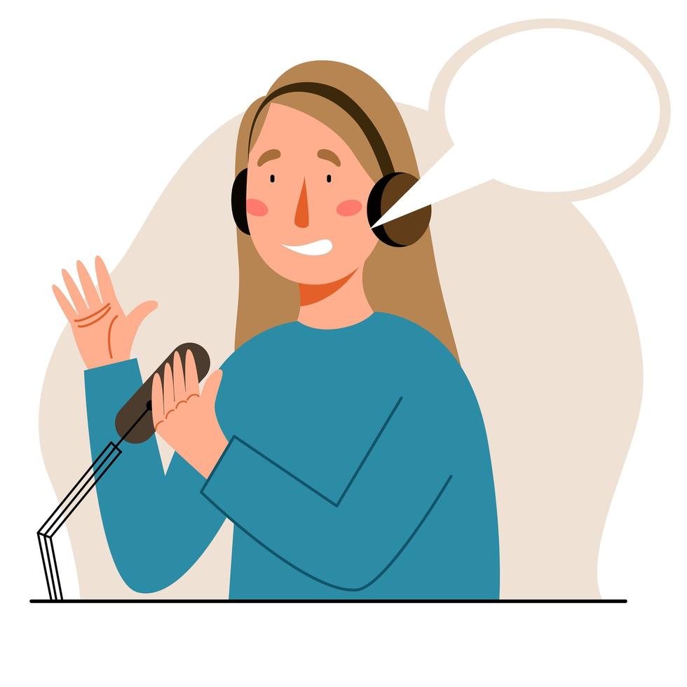 the podcaster talks to microphones. podcasting online. radio concept. vector