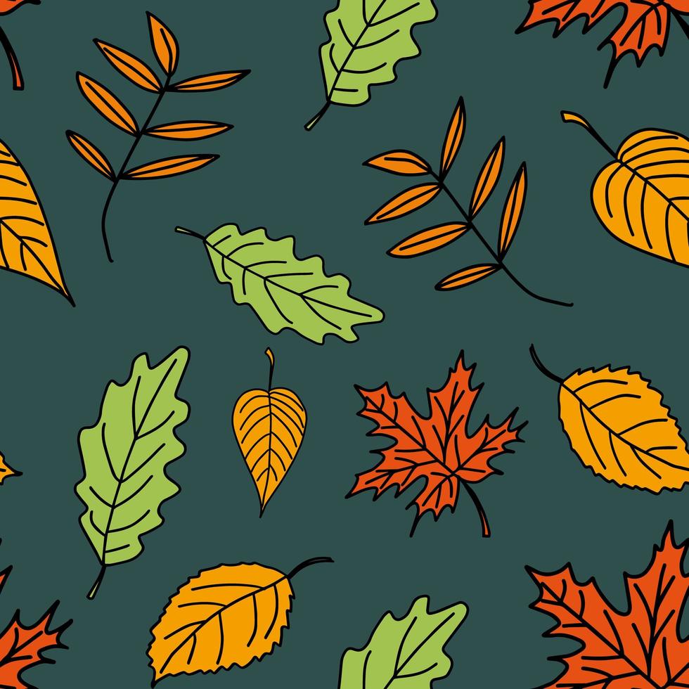 vector seamless pattern of autumn leaves on dark green isolated background.