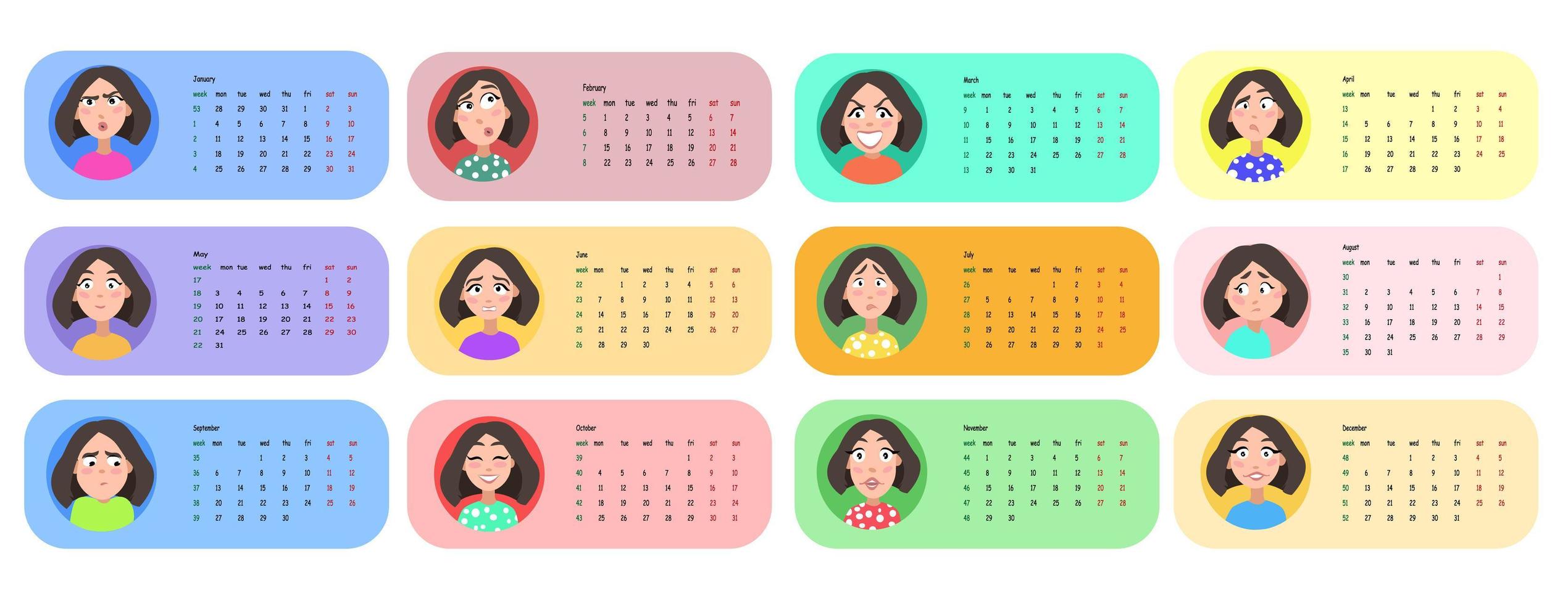 perfil de usuario femenino. calendario para 2021 durante 12 meses. vector