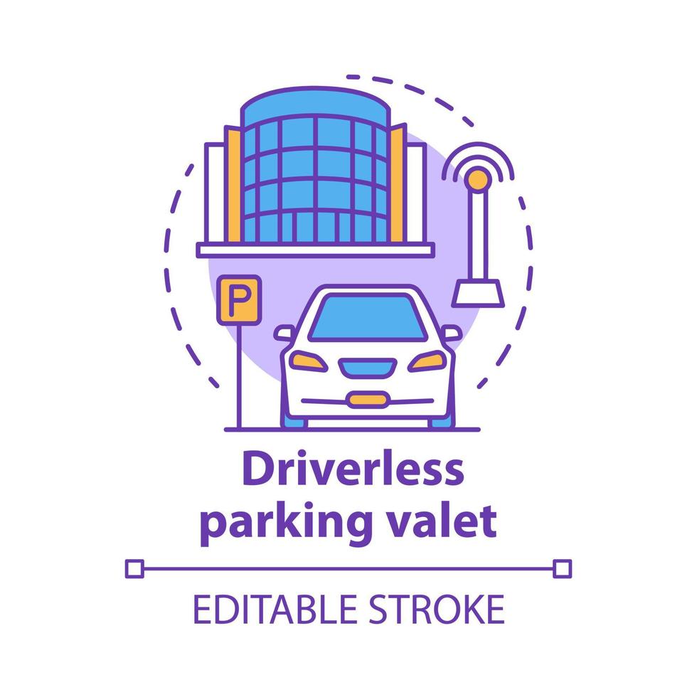 Driverless parking valet concept icon. Smart parking technology. City car-park. Stand for robotic vehicles idea thin line illustration. Vector isolated outline drawing. Editable stroke