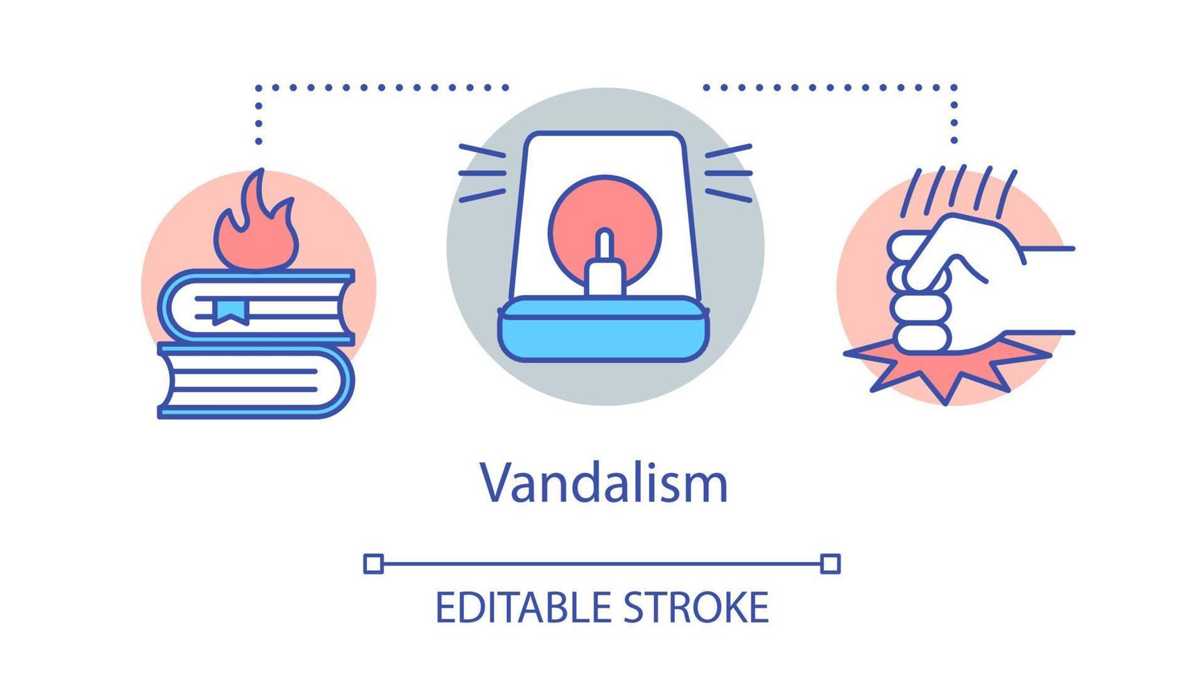 Vandalism concept icon. Civil unrest, public property damage, violent protest idea thin line illustration. Burning books, police siren and fist vector isolated outline drawing. Editable stroke