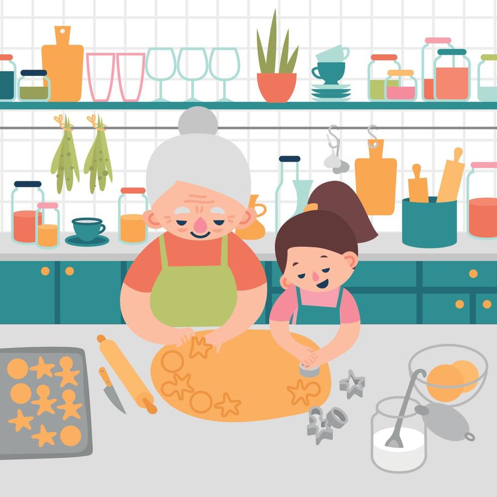 abuela y nieta preparan galletas vector