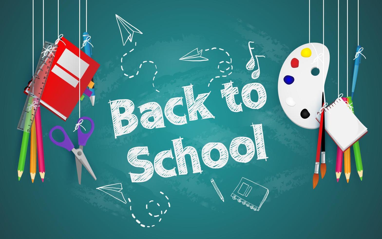 Back to school with school items and equipments on  the blackboard. vector