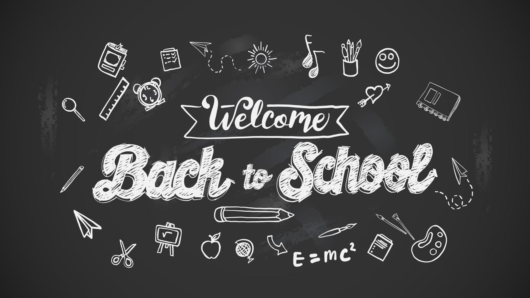 welcome back to school with sketch of school supplies on the blackboard vector