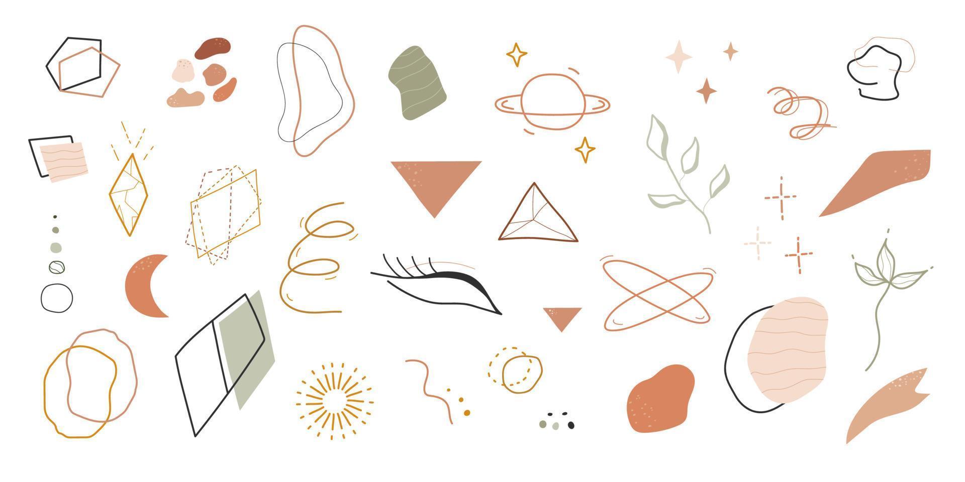 Set of celestial, mystical elements and abstract different shapes. Hand drawn eye, crystal, leaf, sun, moon, planet and stars. Hand drawn modern geometric objects. Vector illustration