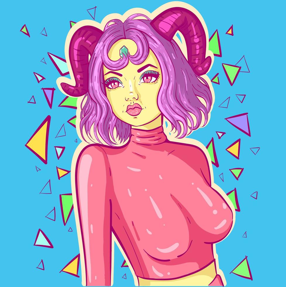 Astrological sign conceptual art of a girl in pastel goth clothes and horns. Capricorn woman with short hair and a crystal on her head posing. Astrology illustration. vector