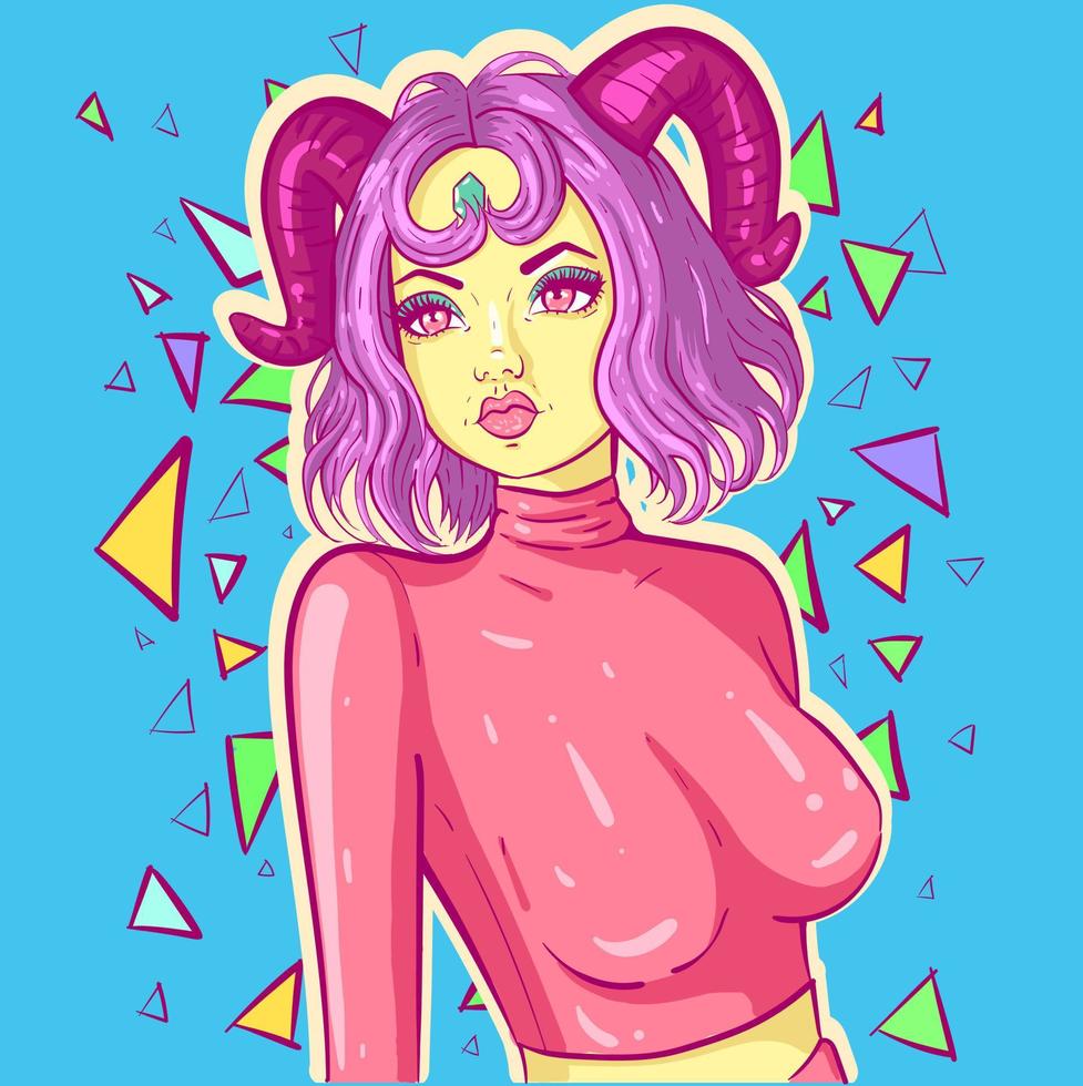 signo astrológico arte conceptual de una chica con ropa y cuernos de goth pastel. mujer capricornio con pelo corto y un cristal en la cabeza posando. ilustración de astrología. vector