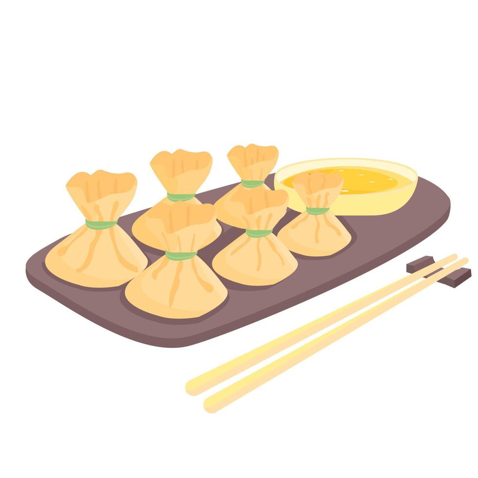 Chinese typical food. Wontons on a plate with sauce and chopsticks. vector