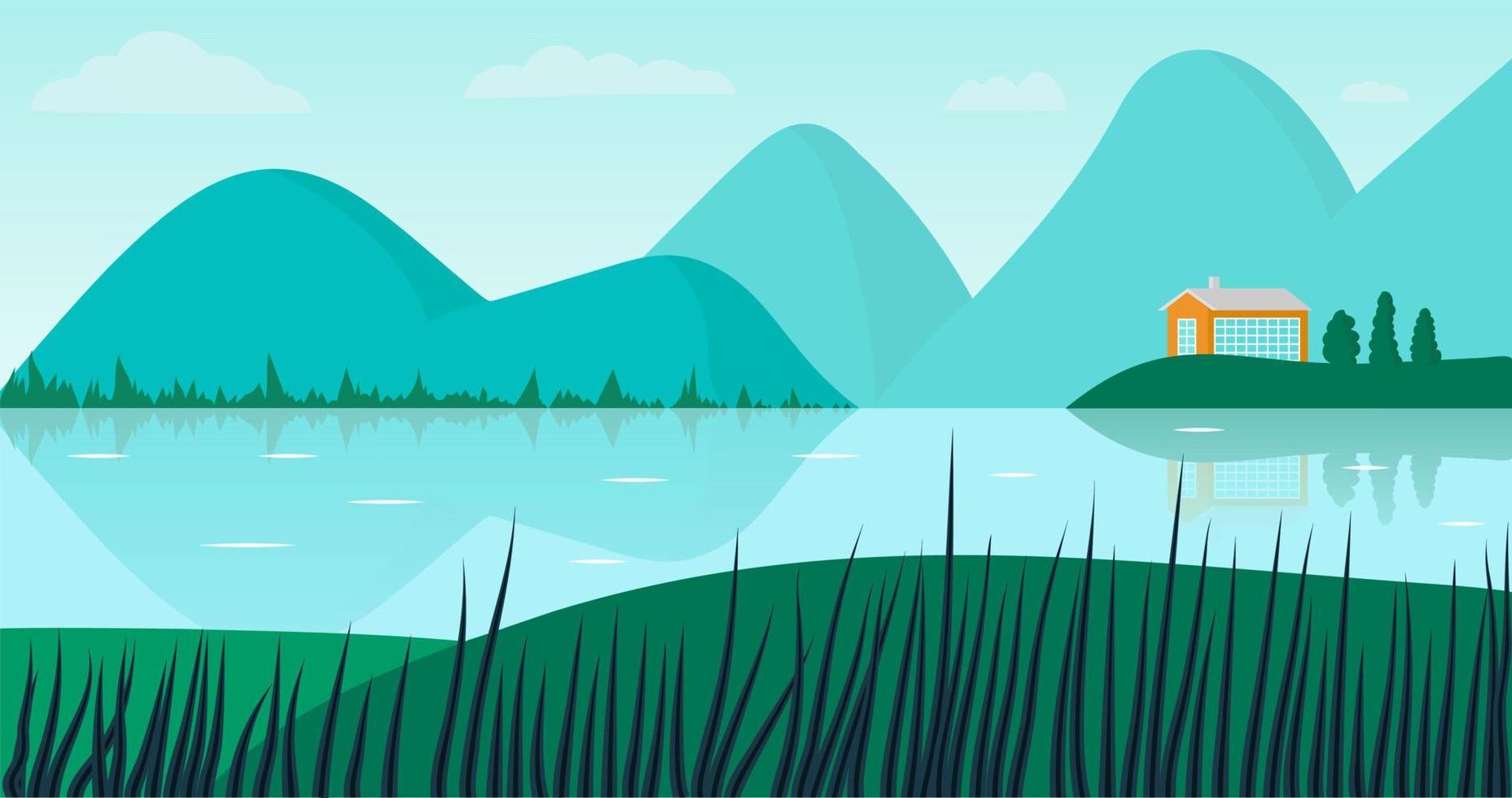 Romantic landscape with house, water and hills vector illustration