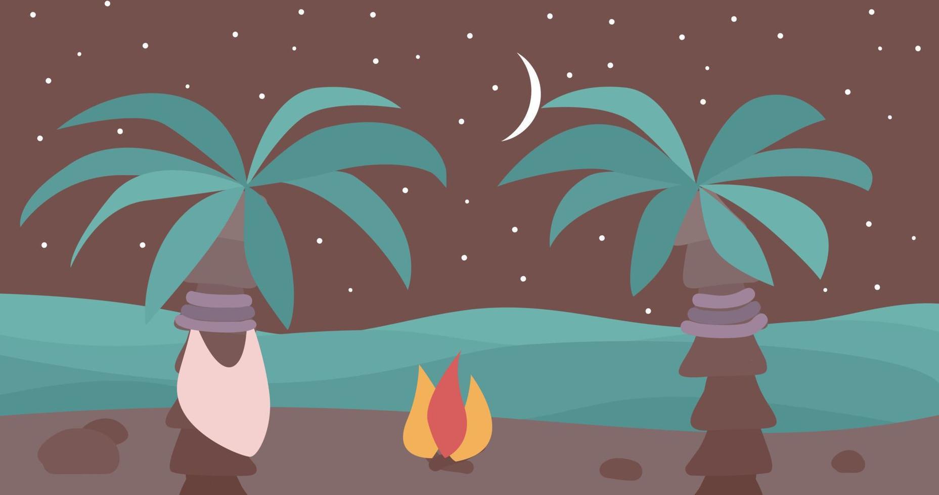 Moonlight landscape with sea, sand, palms and bonfire vector