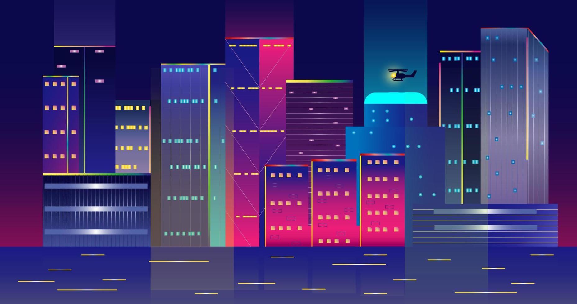 Neon glow buildings landscape with helicopter. City architecture illustration vector