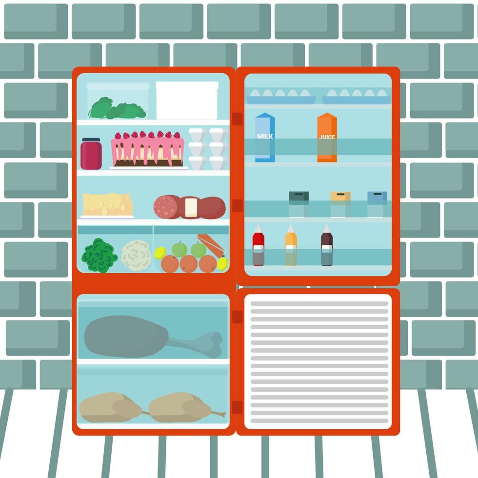 Open fridge full with tasty food vector illustration