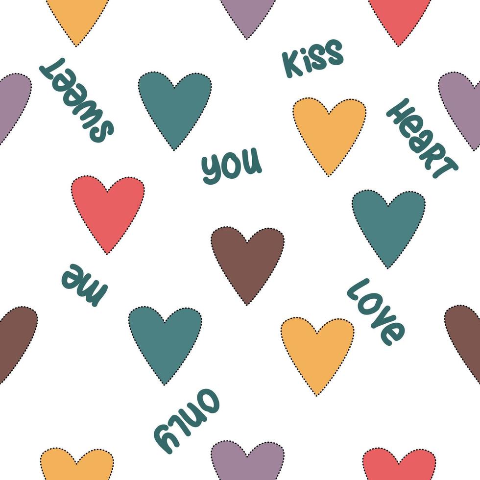Colorful hearts pattern with words love, only you, kiss, sweet, heart vector