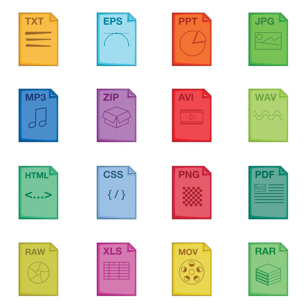 File extension icons set, cartoon style vector