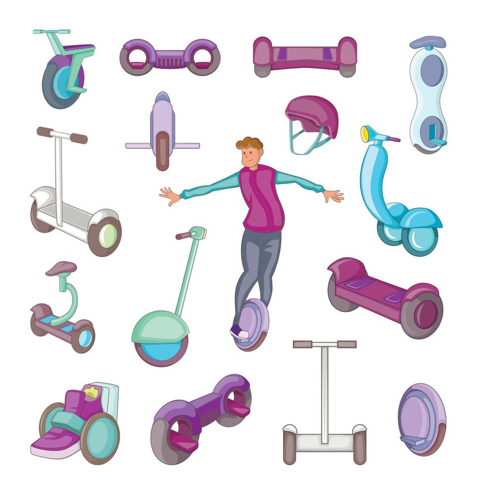 Auto equilibrio scooter, conjunto de iconos de estilo de dibujos animados vector