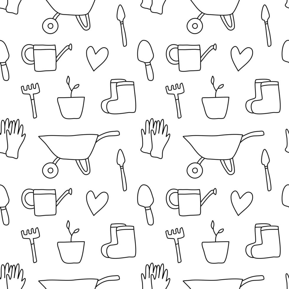 Seamless garden. Seamless pattern. Seamless vector pattern. Background for decoration. Hand drawn vector. Wrapping paper pattern. Decorate the packaging. Gardening equipment icon.