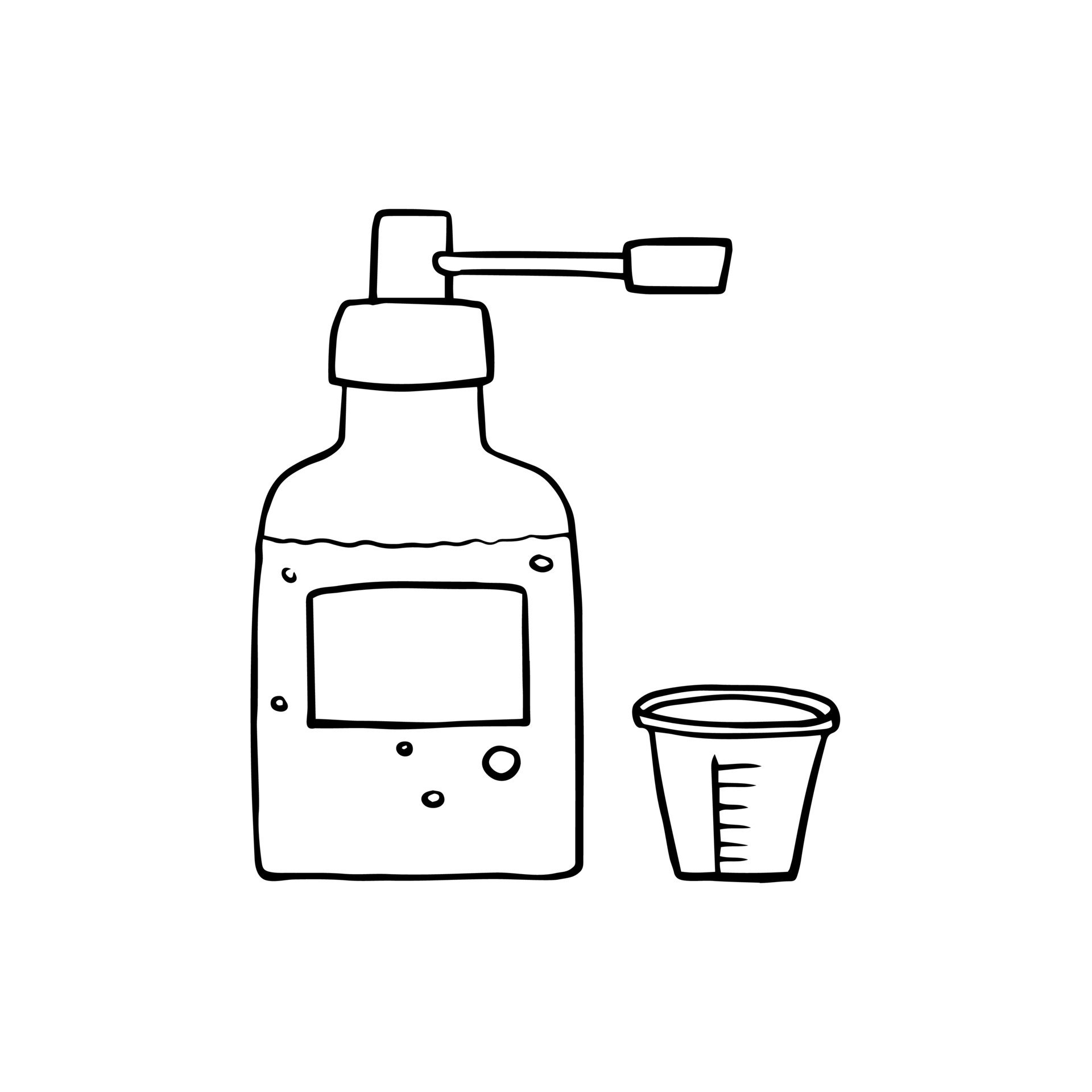 Medical bottle for liquid medicine with measure cup. Doodle style