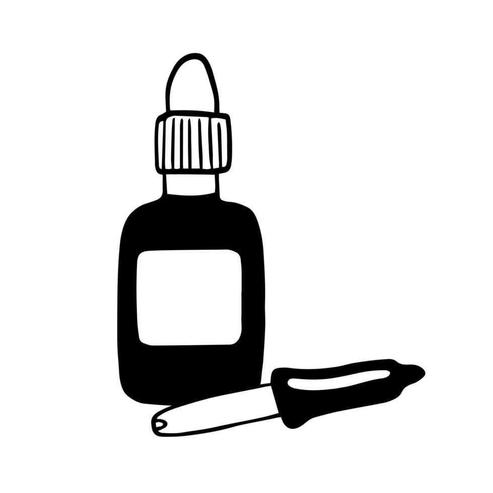 vacunación en estilo dibujado a mano. Ilustración vectorial sobre fondo blanco. botella de vacuna en blanco y negro vector