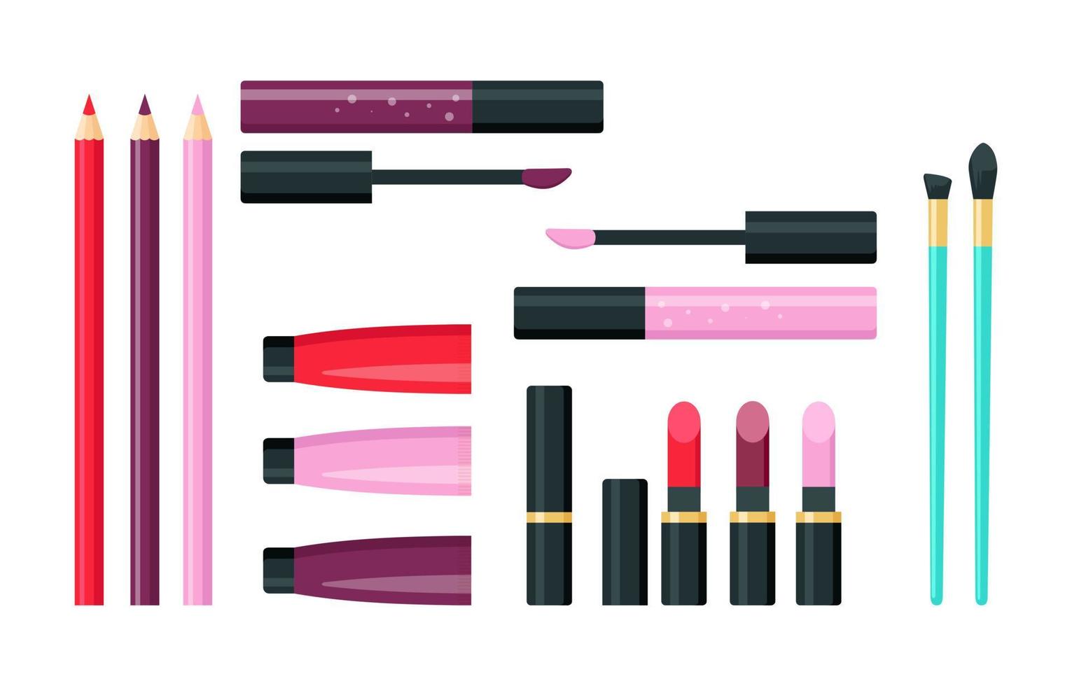 Make up lipstick cosmetic set. Lip products and accessories, lip liners, gloss, brushes and lipstick in bright colors flat design. Isolated vector illustration.