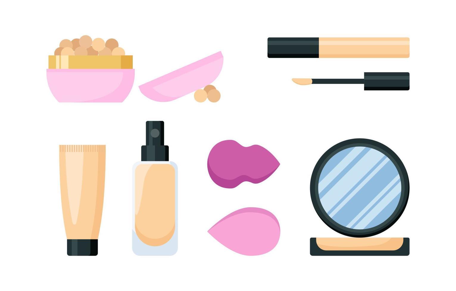 Make up foundation cream cosmetic set. Face tone products and accessories, eye concealer, blushes and powder in bright colors flat design. Isolated vector illustration.