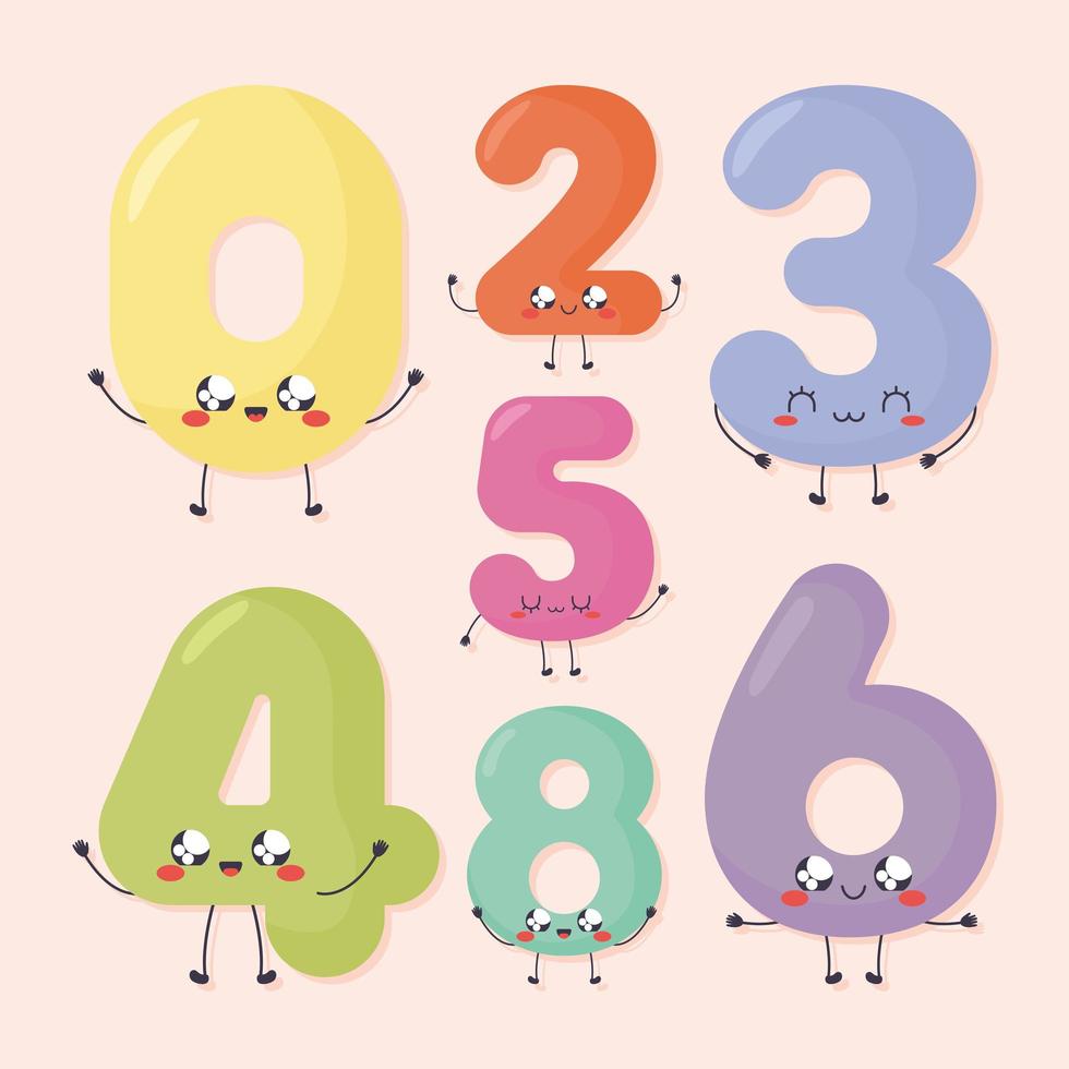 seven kawaii numbers vector