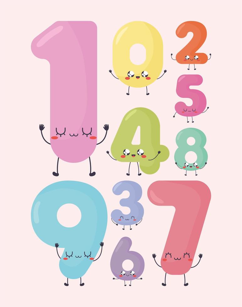 ten kawaii numbers vector